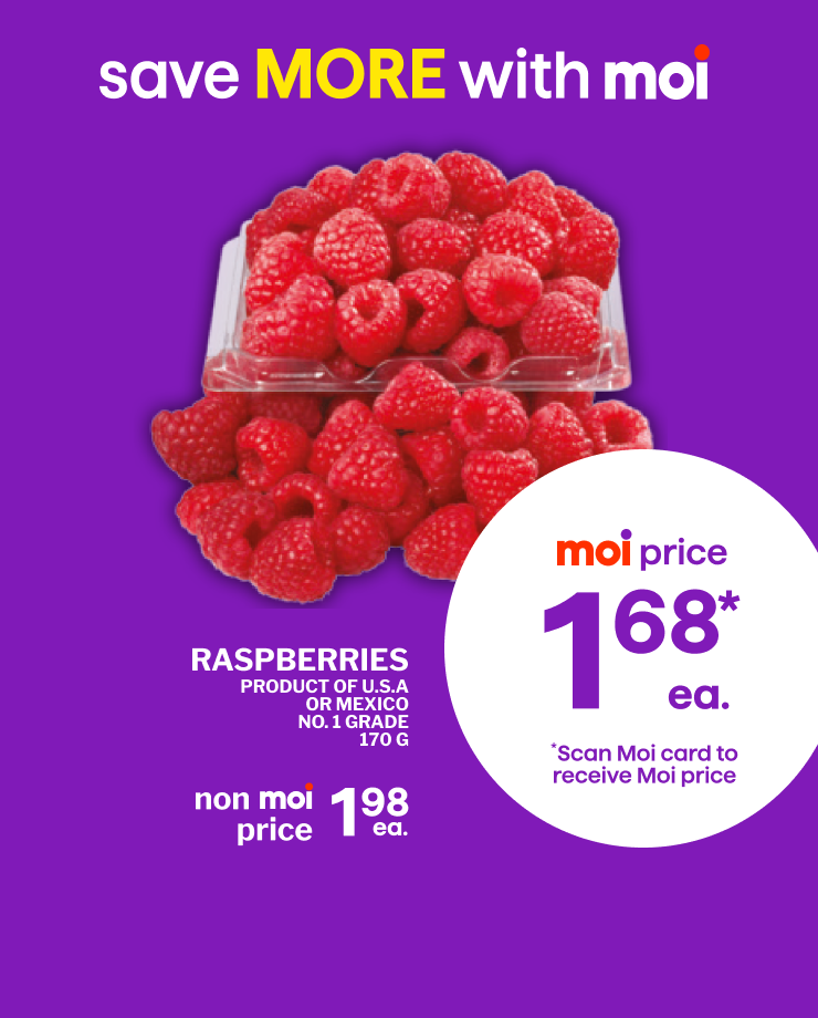 Save more with Moi. Raspberries, Product of U.S.A. or Mexico, No. 1 Grade, 170 g. Moi price when you scan your Moi card.