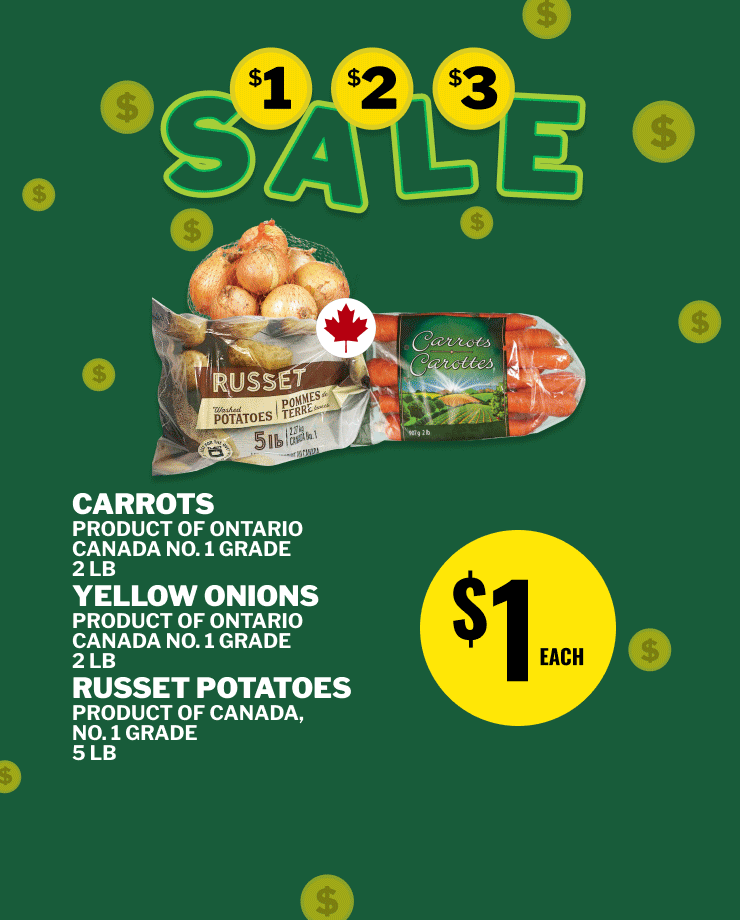 1 2 3 Sale! Save on Carrots, Yellow Onions, Russet Potatoes, Avocados, Lemons and Lean Ground Beef and Pork Blend Family Pack.